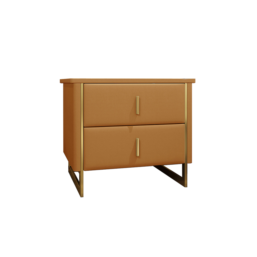 Modern Orange Nightstand 2-Drawer Faux Leather Bedside Table in Gold
