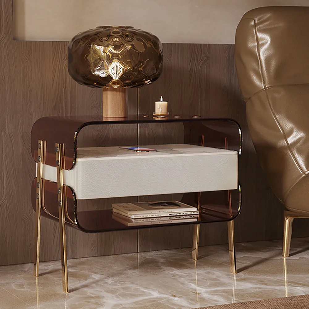 Modern Lighted Brown Nightstand with Wireless Charging Station Acrylic Bedside Table
