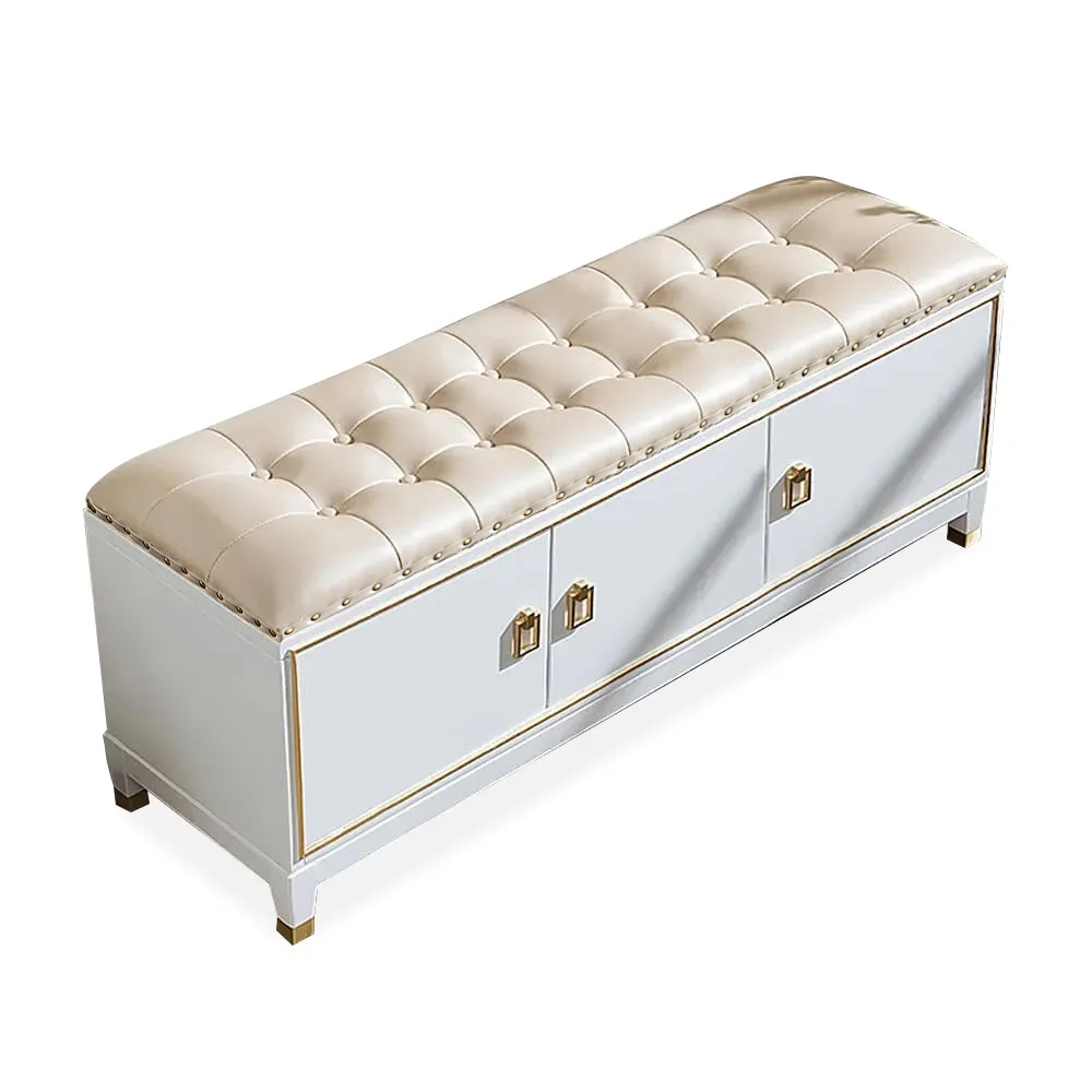 Traditional 39.4" Faux Leather Upholstered Entryway Bench with Storage Shoe Cabinet 3-Door