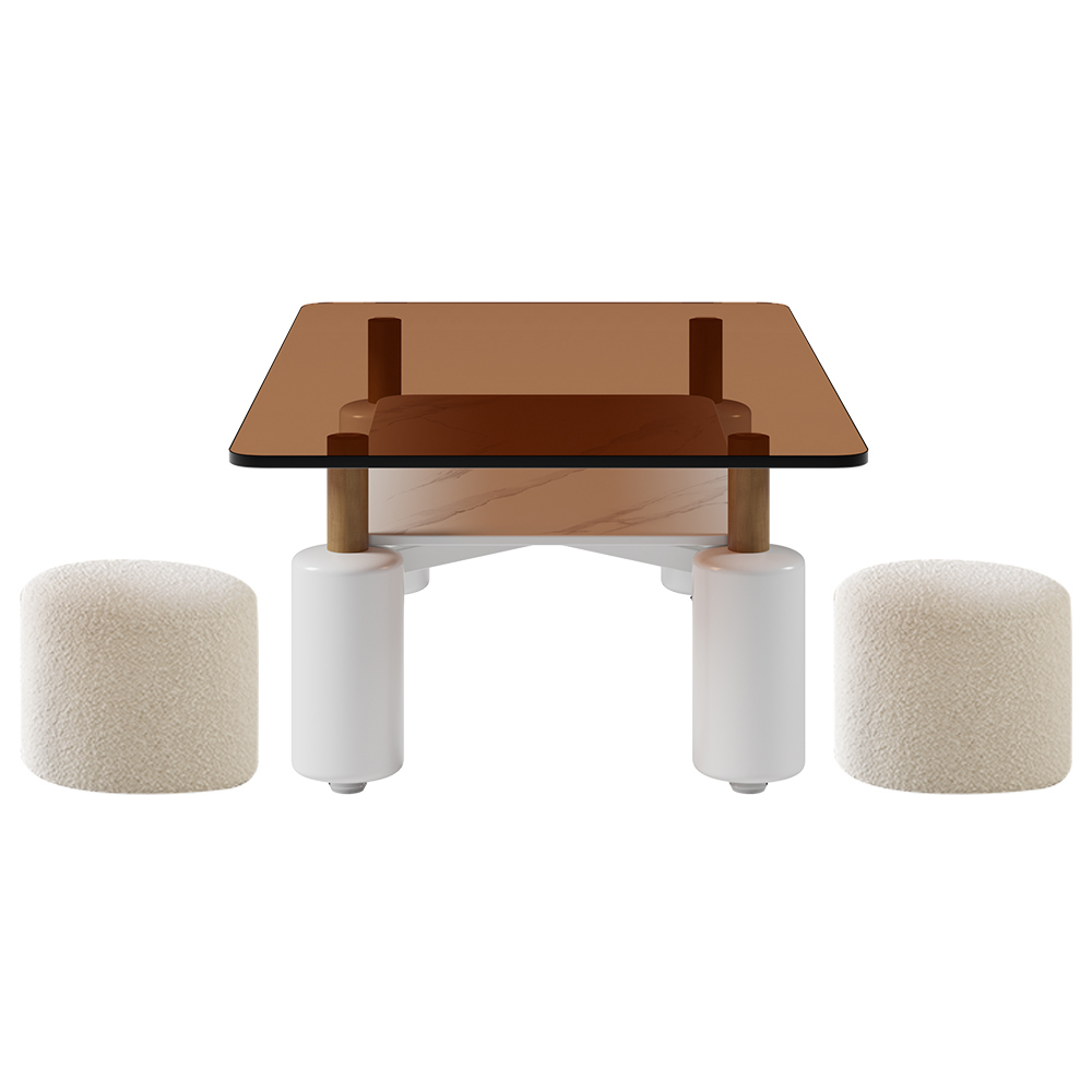 Mesa de café única de vidrio transparente y 2 taburetes plegables tipo boucle rectangulares con piedra sinterizada