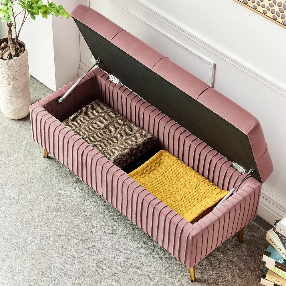 Modern Velvet Storage Bench Flip Top in Pink with Gold Legs