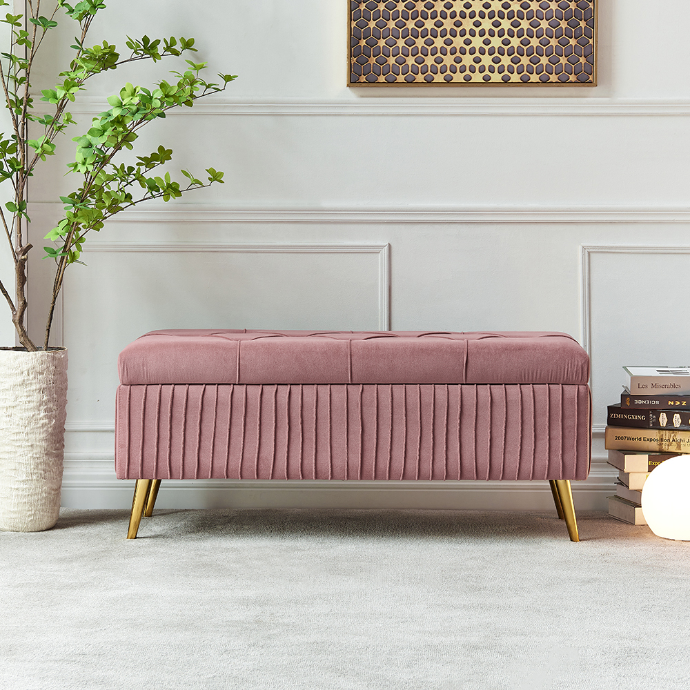 Modern Velvet Storage Bench Flip Top in Pink with Gold Legs