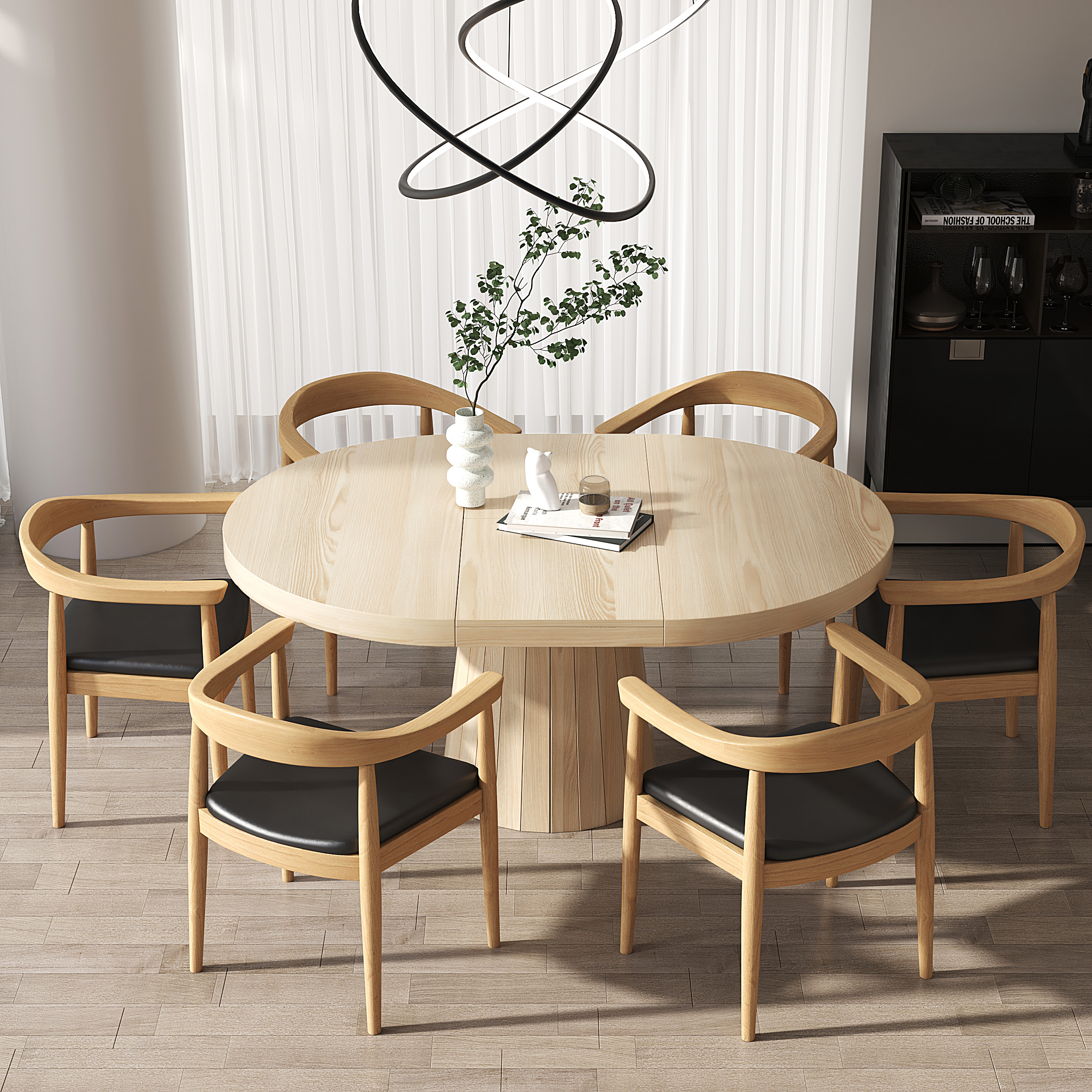Juego de mesa de comedor extensible Japandi de 39 a 55 pulgadas y 6 sillas de comedor de madera