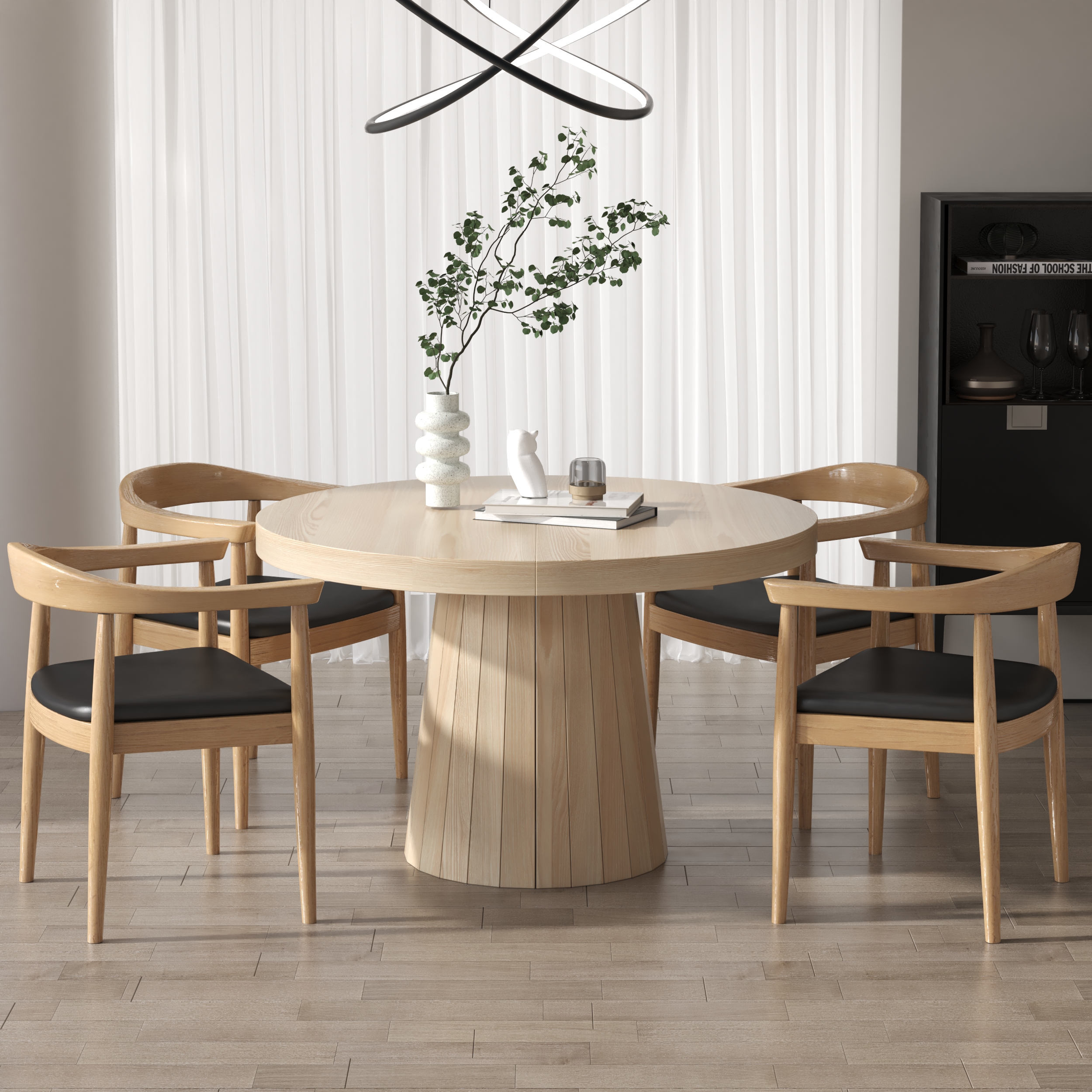 Extendable Dining Table Set 39"-55" Japandi Dining Table & 4 Wood Dining Chairs