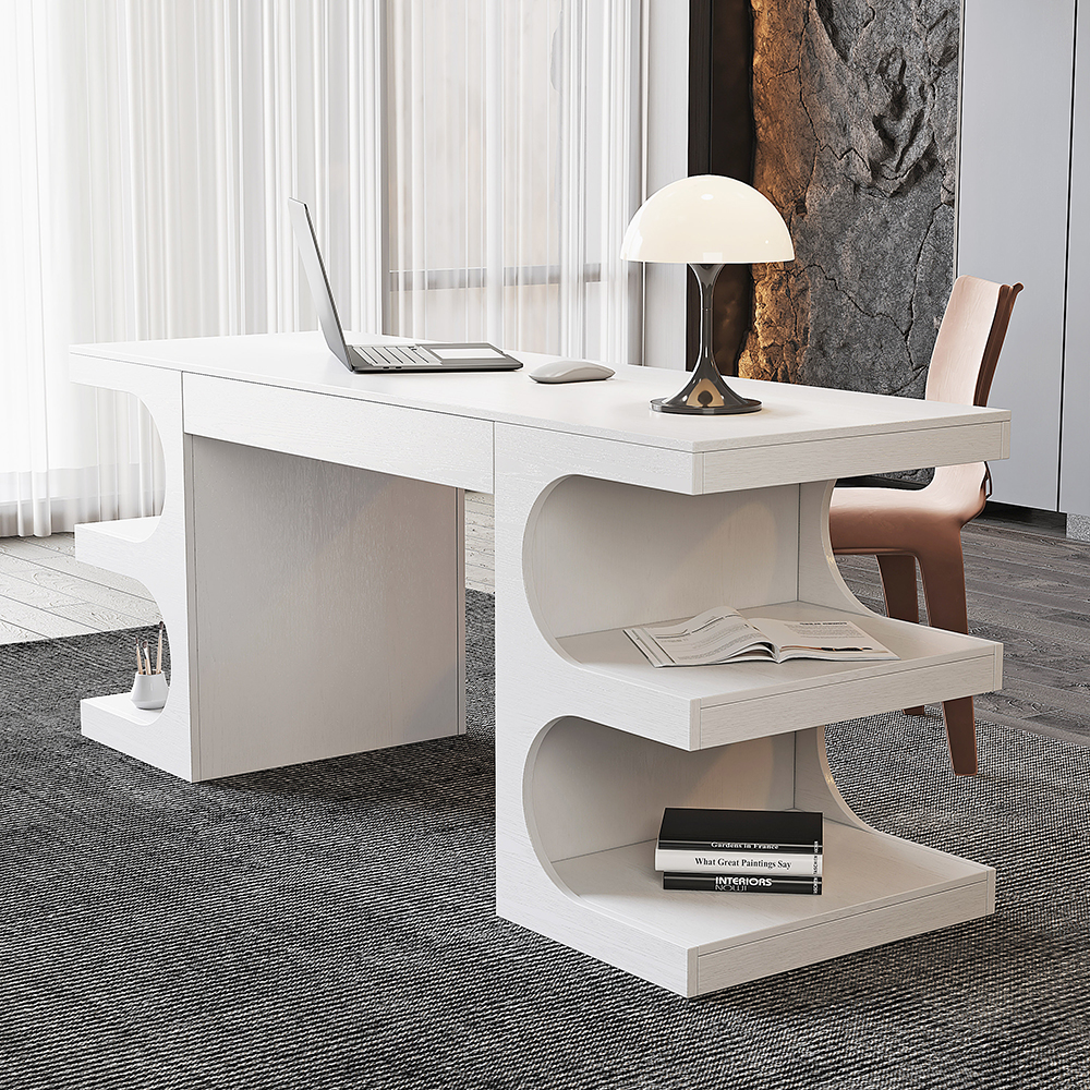Modern White Writing Desk Office Desk with 1 Drawer & 4 Open Shelves Office Furniture (64.2")