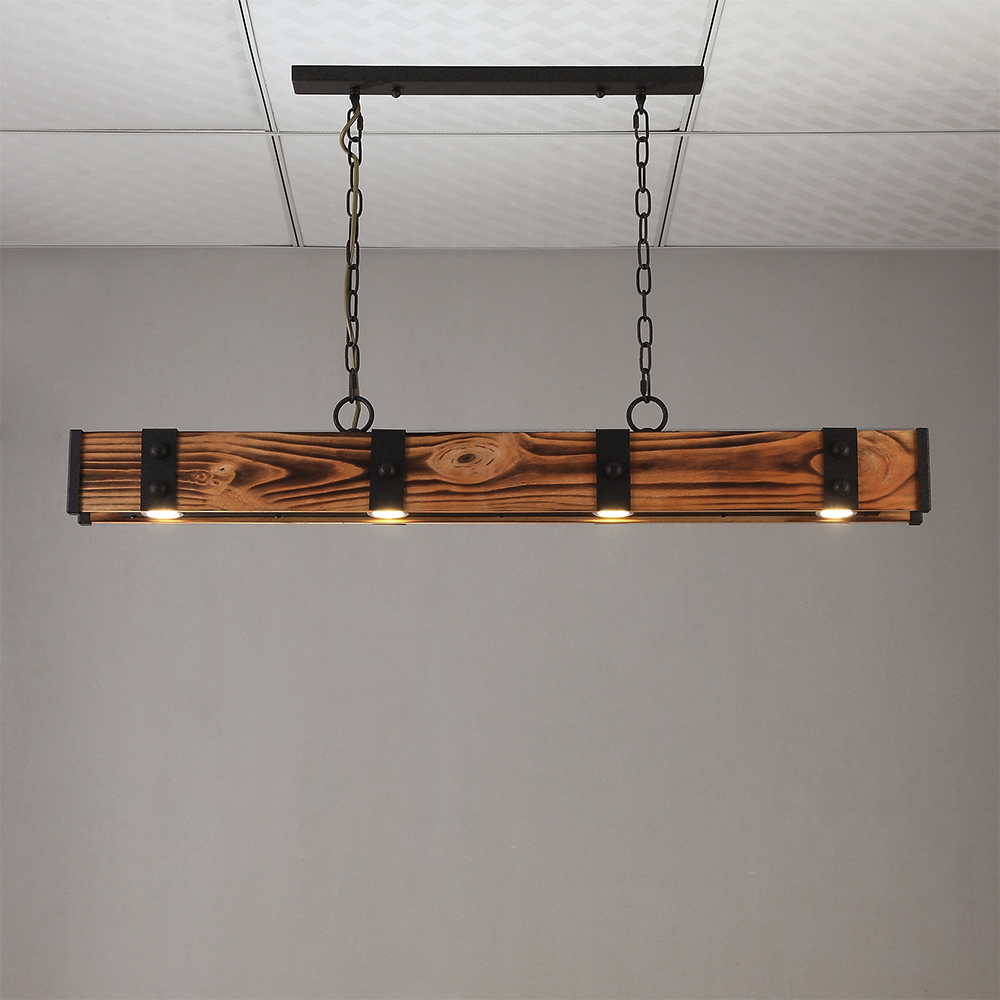 Rowen Rustic 4-Light LED Linear Rust Wood & Metal Island Pendant Light