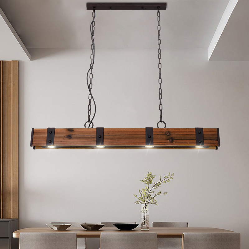 Rowen Rustic 4-Light LED Linear Rust Wood &amp; Metal Island Pendant Light