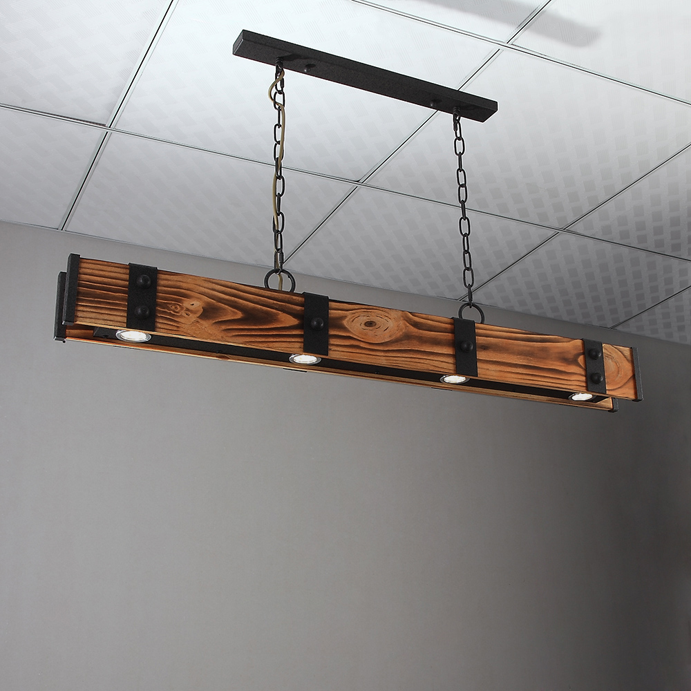 Rowen Rustic 4-Light LED Linear Rust Wood & Metal Island Pendant Light