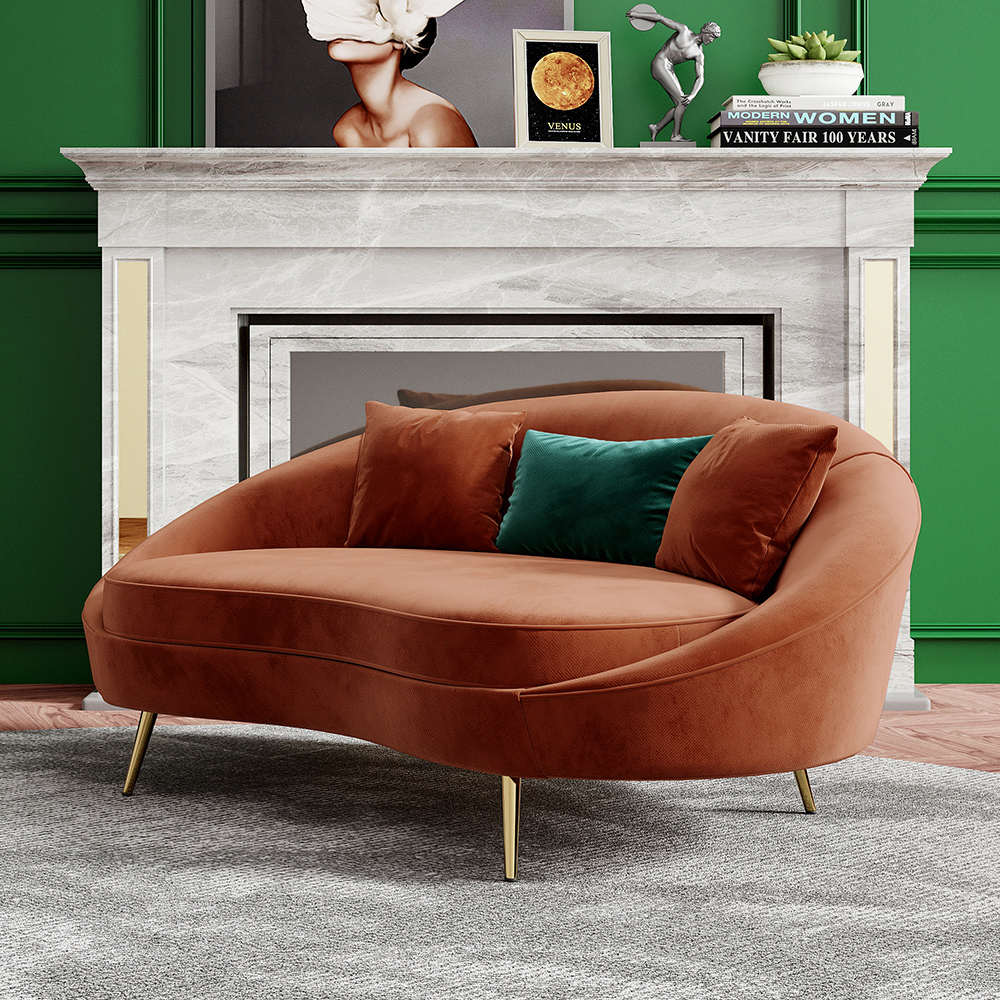 Modern 63" Bronze Velvet Curved Sofa Toss Pillow Included
