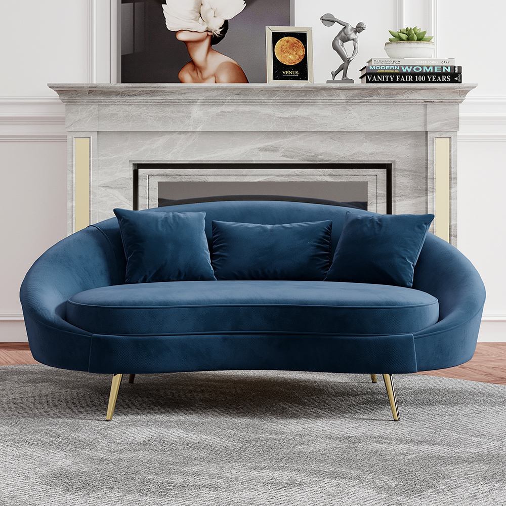 Modern 63" Blue Velvet Curved Sofa Gold Legs Toss Pillow Included in US