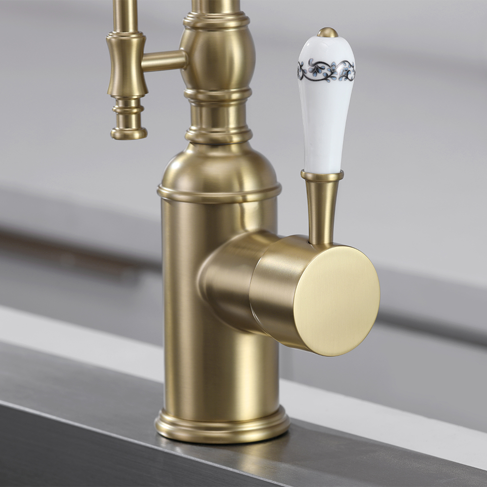 Brushed Gold High Arc Dual-Mode Pull-Down Kitchen Faucet Solid Brass Porcelain Handle