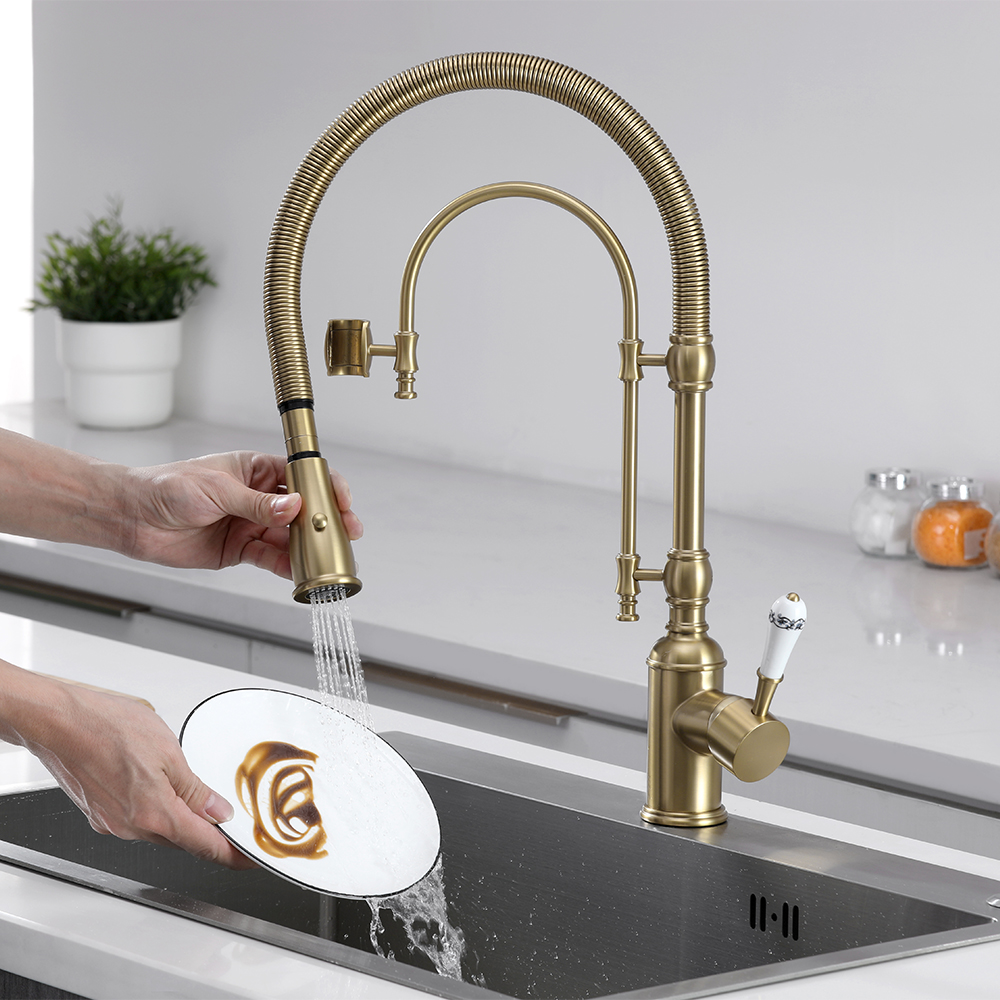 Brushed Gold High Arc Dual-Mode Pull-Down Kitchen Faucet Solid Brass Porcelain Handle