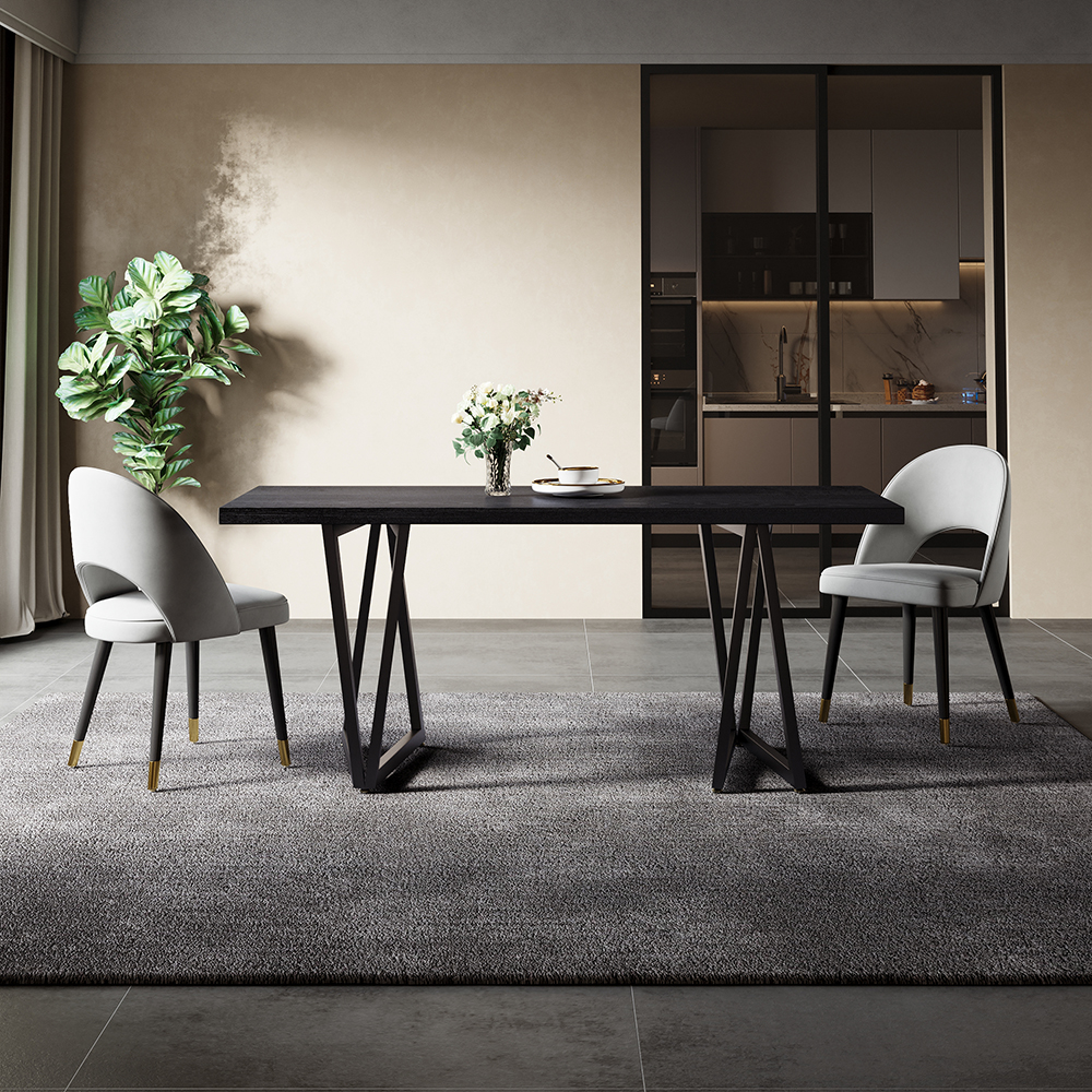 63" Rectangular Dining Table Black Solid Wood Table Top Square Metal Base in US
