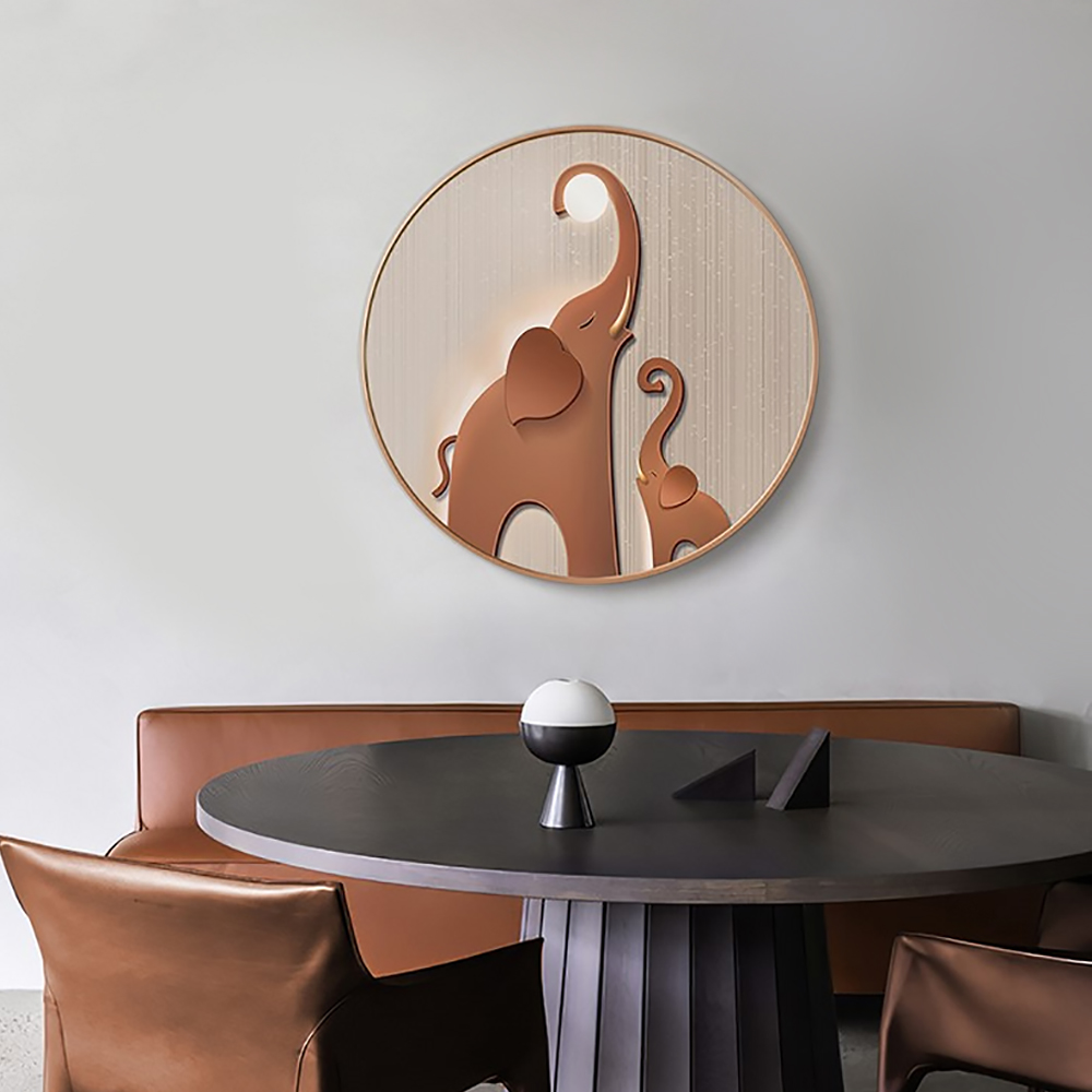 Modern 3D Aluminium Alloy Round Elephant Wall Decor for Living Room Cute Painting with Frame in Brown