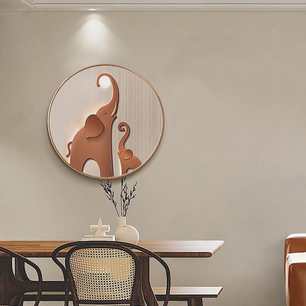 Modern 3D Aluminium Alloy Round Elephant Wall Decor for Living Room Cute Painting with Frame in Brown