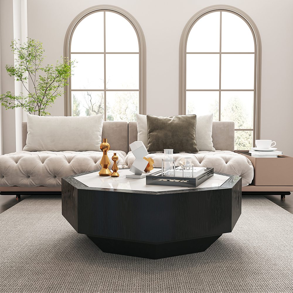 Wood Octagonal Coffee Table Rotating in Black with 2 Drawers Sintered Stone Top