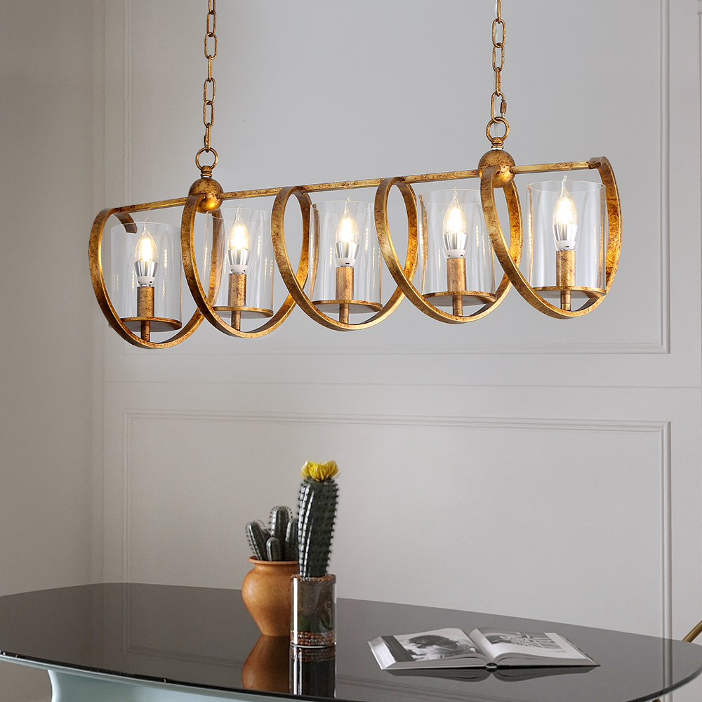 Industrial 5-light Kitchen Island Light Antique Gold Rotating Pendant Lights Dining Room in US