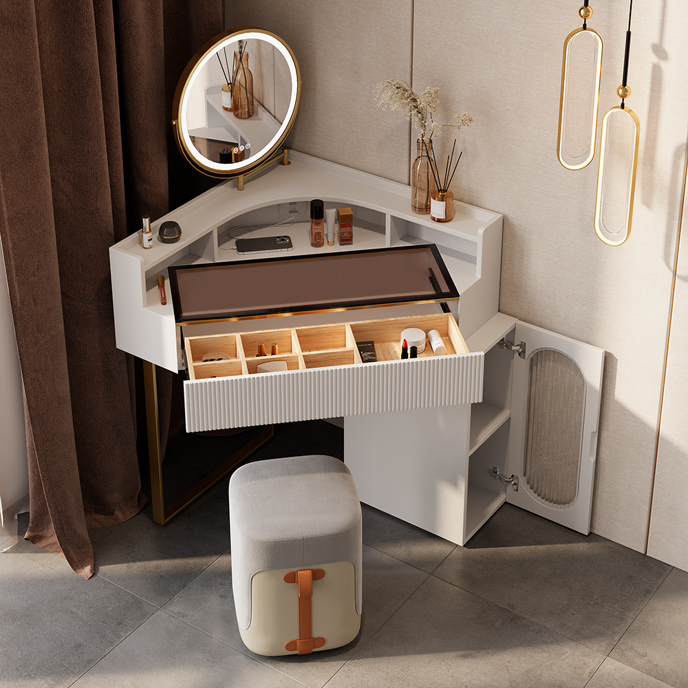 Modern White Corner Makeup Vanity Set with Acrylic Top & Mirror & Stool & Cabinet