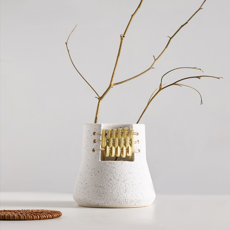 French Country White Abstract Ceramic Rattan Flower Vase Home Table Desk Decor Art in US
