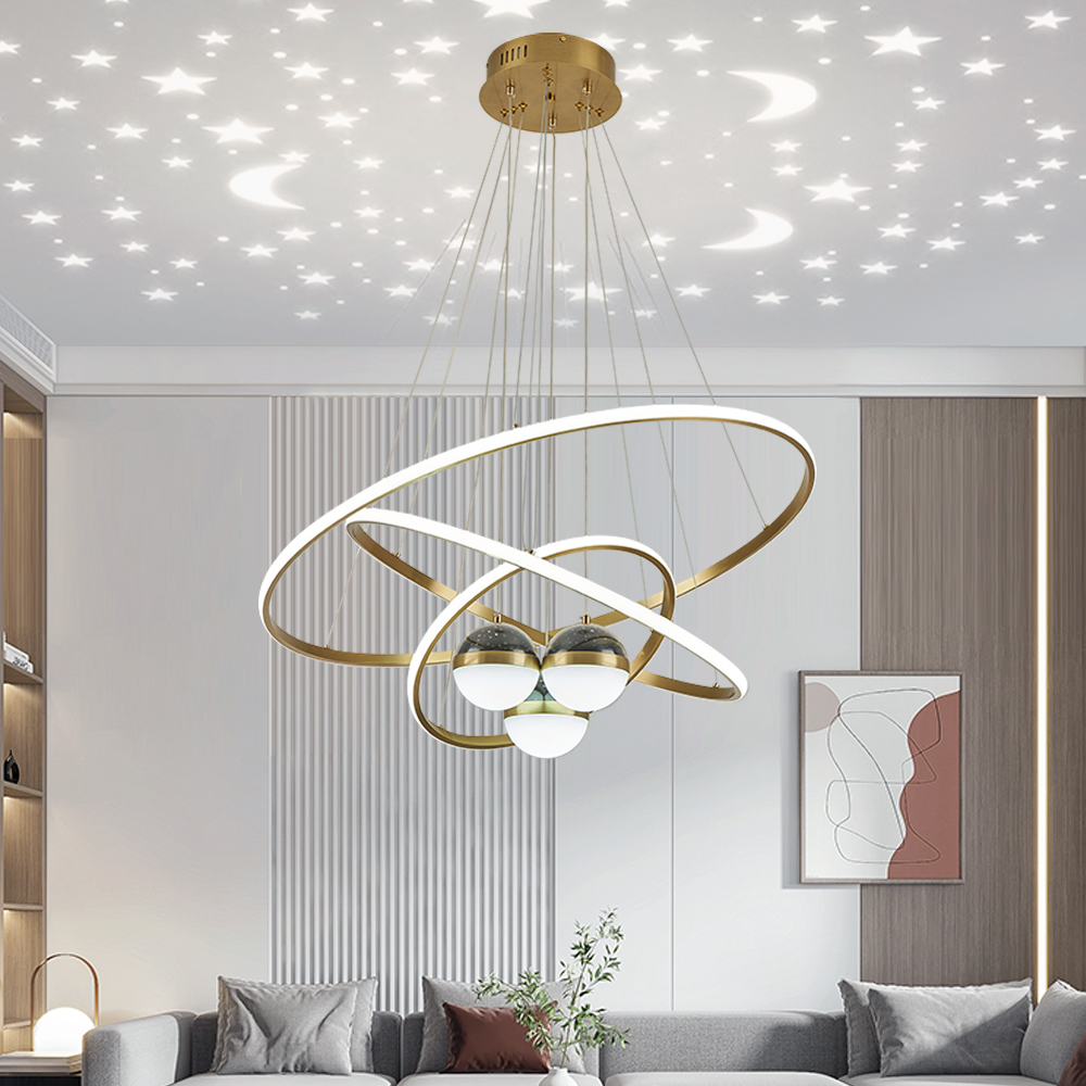 Lámpara LED moderna dorada de 3 luces, 3 modos de color, control remoto, luz de reflexión estrellada