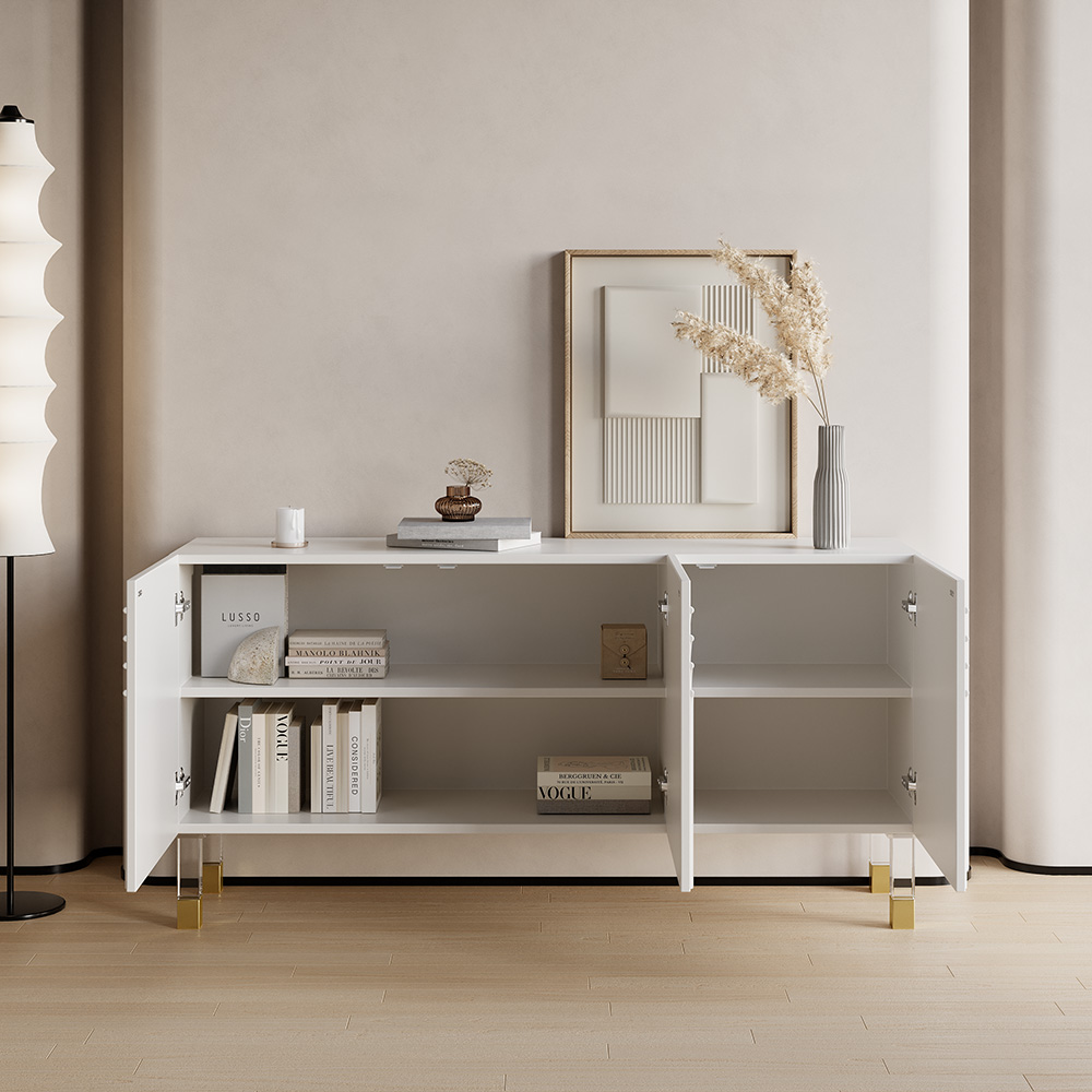 Modern White Credenza Cabinet 3-Door Wavy Pattern Sideboard Acrylic Legs