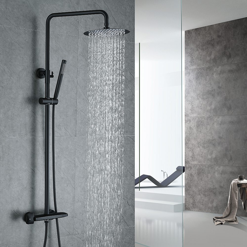 Contemporary Shower System Thermostatic Matte Black Solid Brass Rainfall Shower Head in US