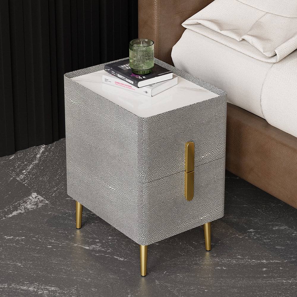 Inarrow Modern Gray Shagreen Nightstand Bedside Table with 2 Drawers in Gold Legs