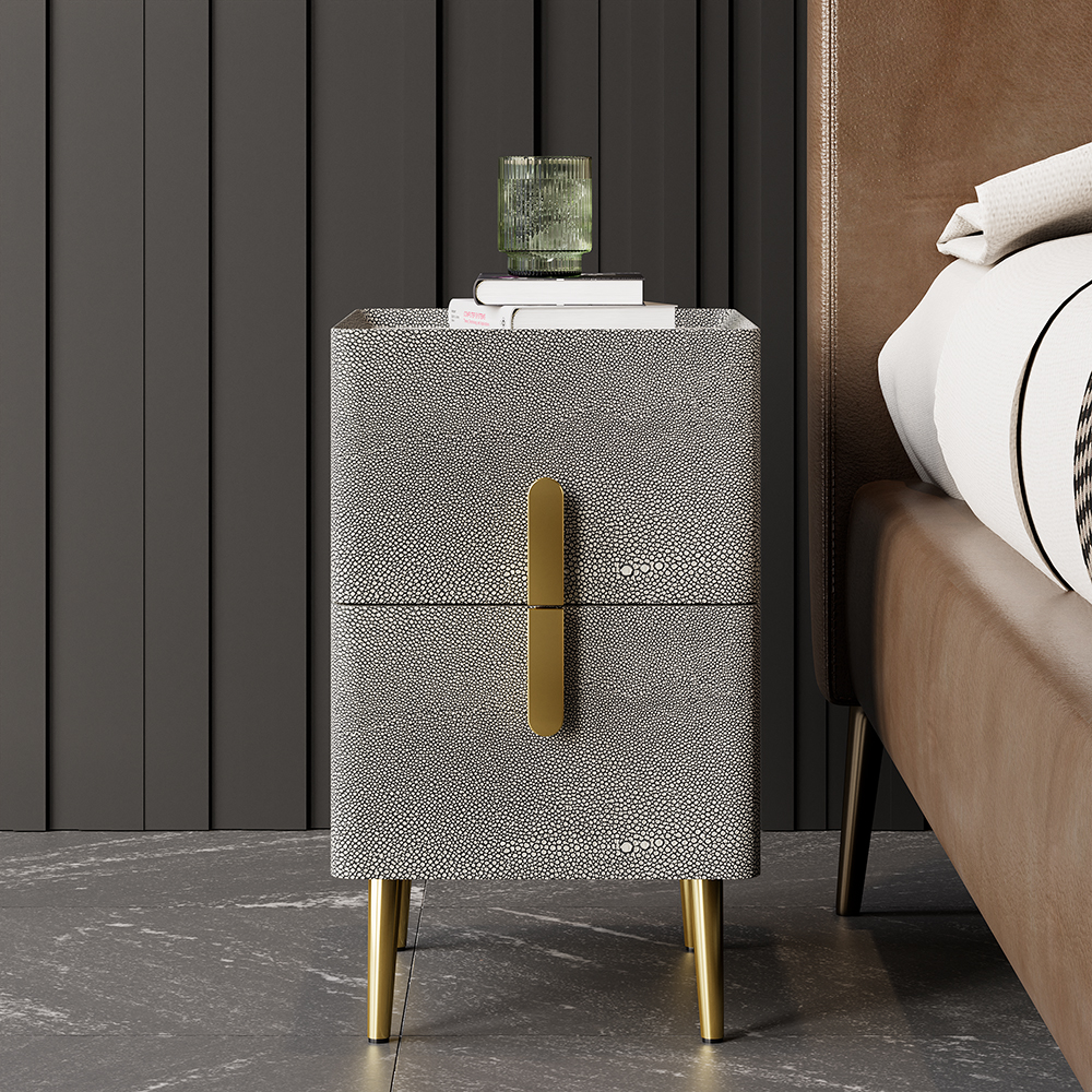 Inarrow Modern Gray Shagreen Nightstand Bedside Table with 2 Drawers in Gold Legs