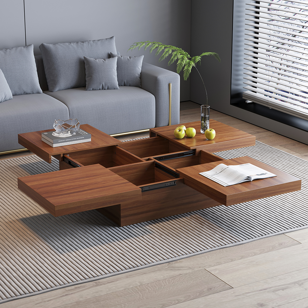 Square Marble Veneer Coffee Table Sliding Top With Storage in Walnut in US
