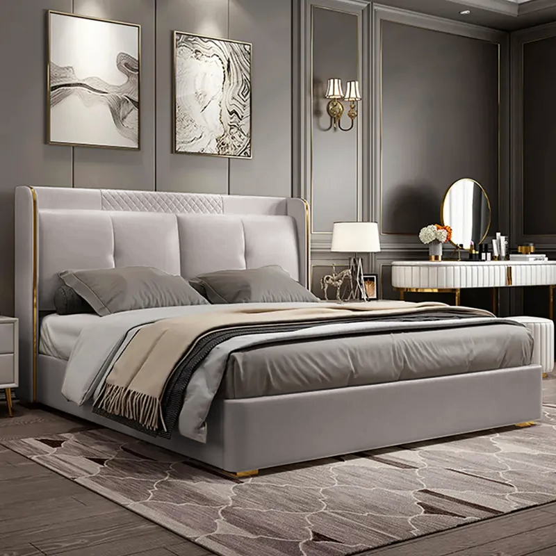 Light Gray Wingback King Bed With Faux Leather Upholstered Headboard Wood Slats in US