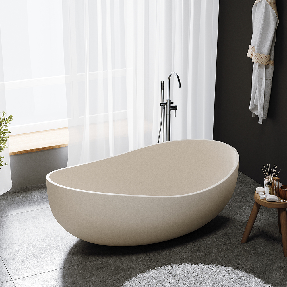 63" Industrial Concrete Soaking Bathtub Oval Cement Freestanding Bathtub in Beige