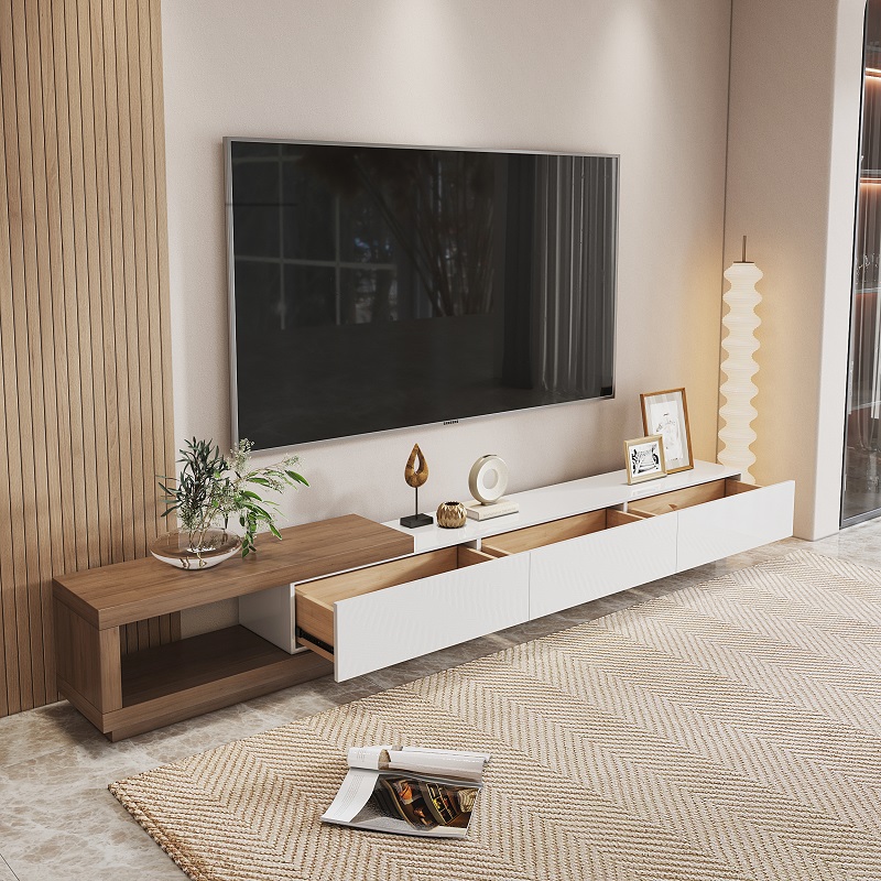 Quoint Modern TV Stand Retracted & Extendable 3Drawer Media Console