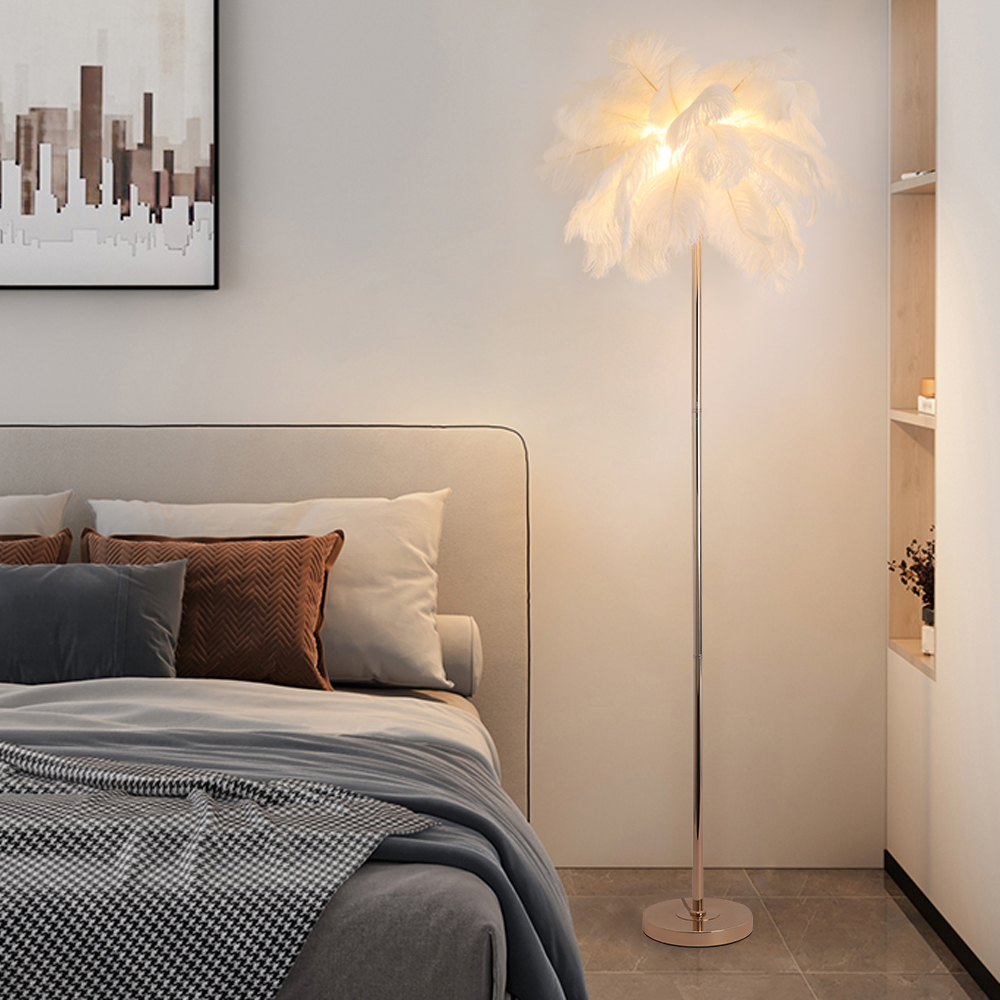 Loftus Art Deco Floor Lamp with White Feather Shade Rose Gold Finish