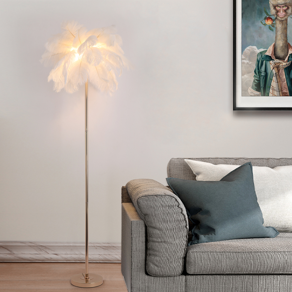 Loftus Art Deco Floor Lamp with White Feather Shade Rose Gold Finish