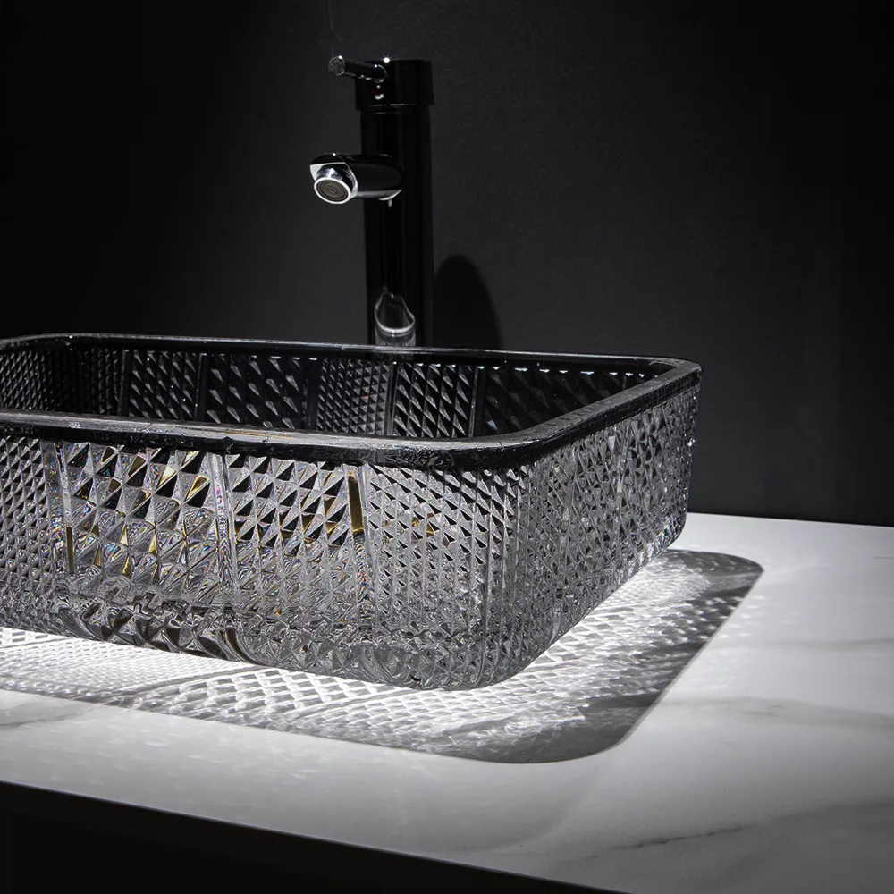 Modern Glass Rectangle Bathroom Countertop Basin Wash Basin with Drain in Black