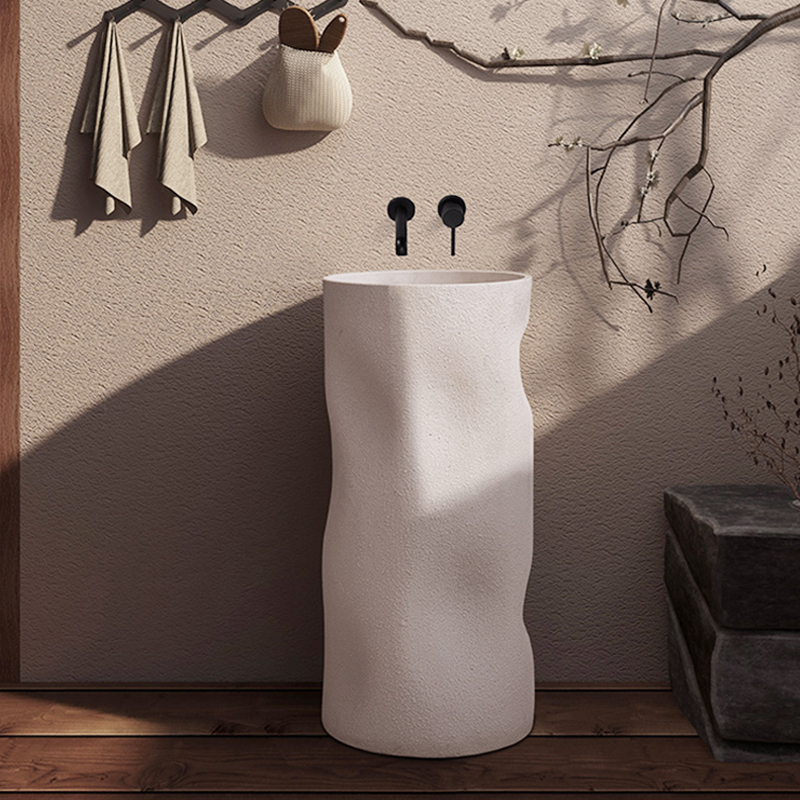 34" Tall Japandi Stone Resin Freestanding Bathroom Sink Cylinder Pedestal Sink in Beige