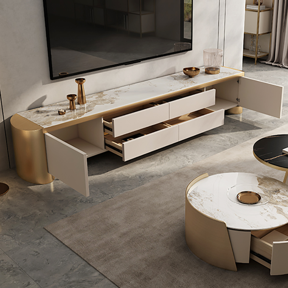 Modern 78.7" Off White & Gold TV Stand Sintered Stone Top with Storage for TVs up to 75"