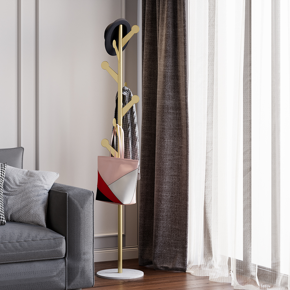 Marble Freestanding Clothing Rack Gold with Hooks for Bedroom