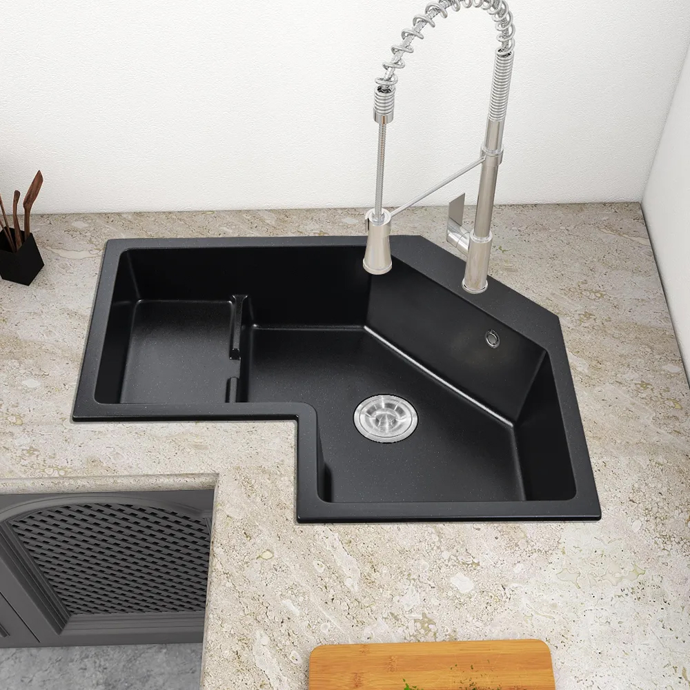 32" Modern Black Drop In Corner Kitchen Sink Single Bowl Quartz Irregular Left Sink