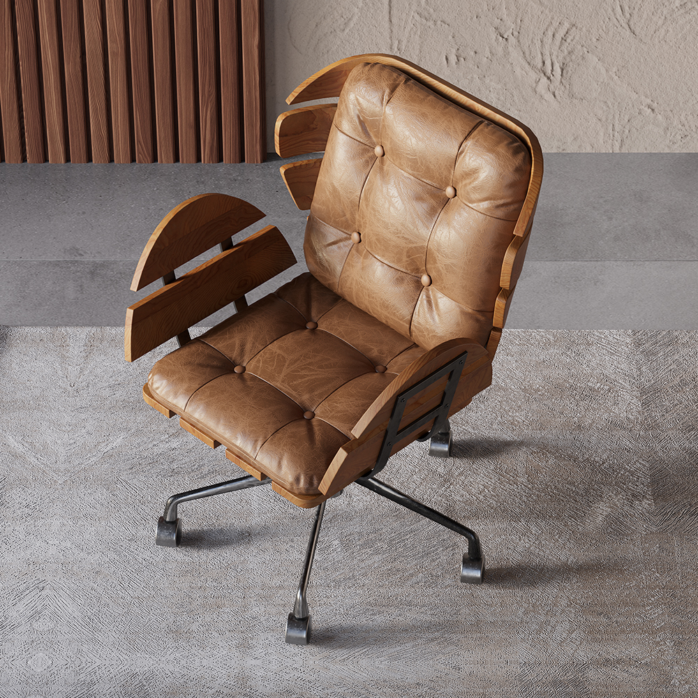 Brown Industrial Swivel Office Chair Leather Upholstered Task Chair