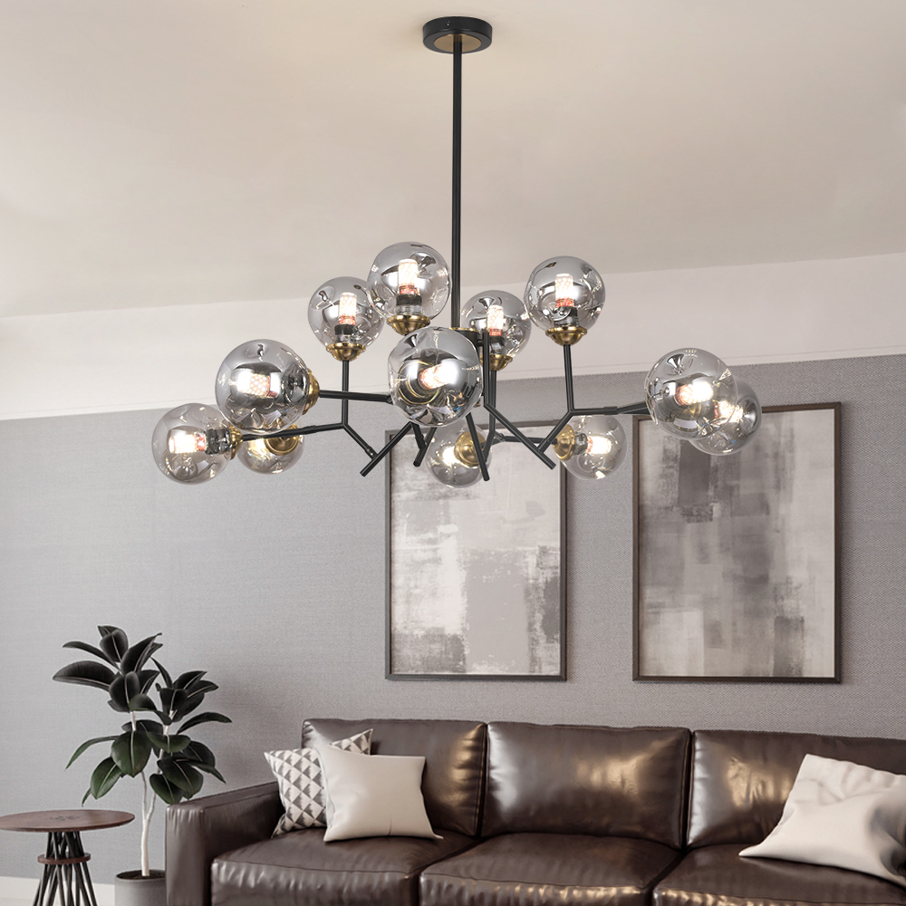 Candelabro moderno, lineal, de 12 luces, con forma de isla de cocina, negro, con pantalla de cristal en forma de globo, iluminación colgante