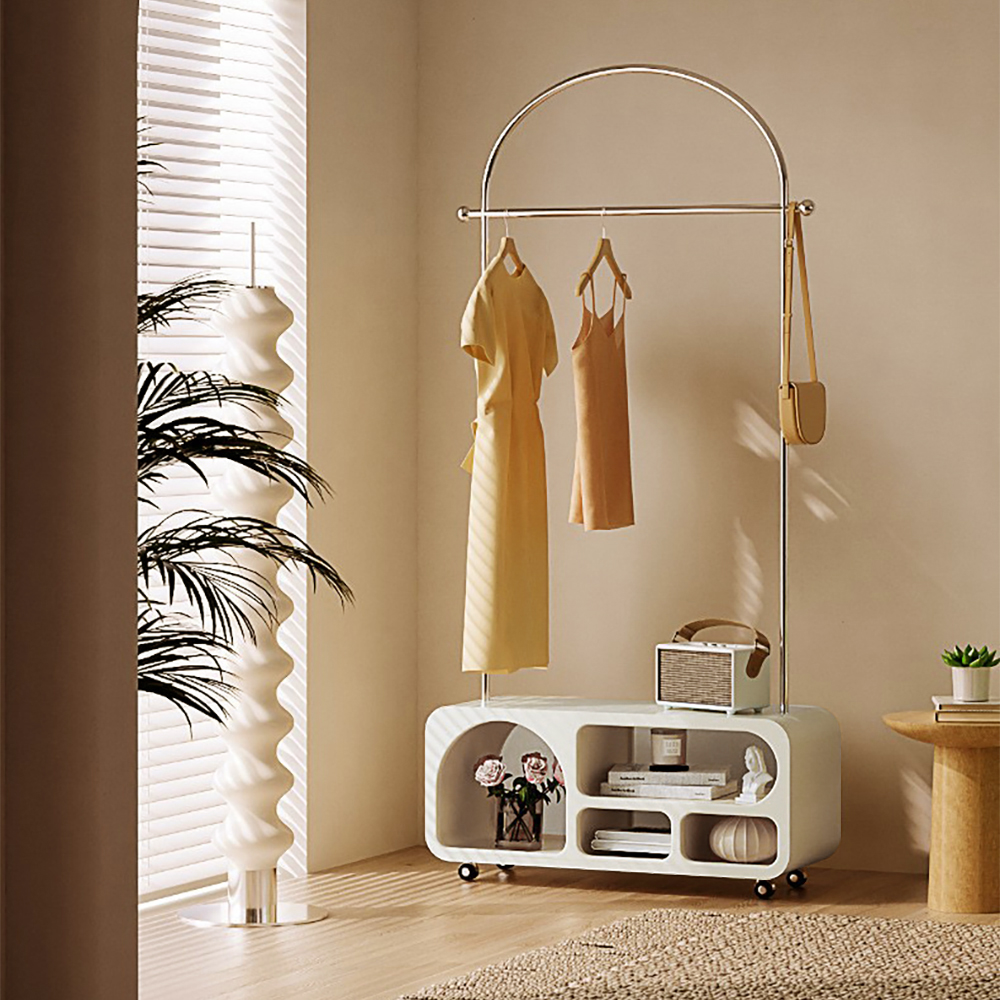 Art Deco Entryway Hall Tree With Storage Bench With Wheel in White Silver in US