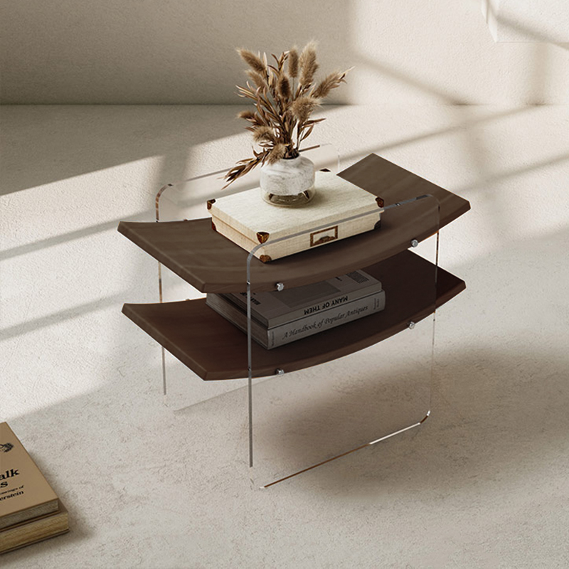 Modern Clear Acrylic Side Table With Two Curved Shelves in Walnut End Table in US