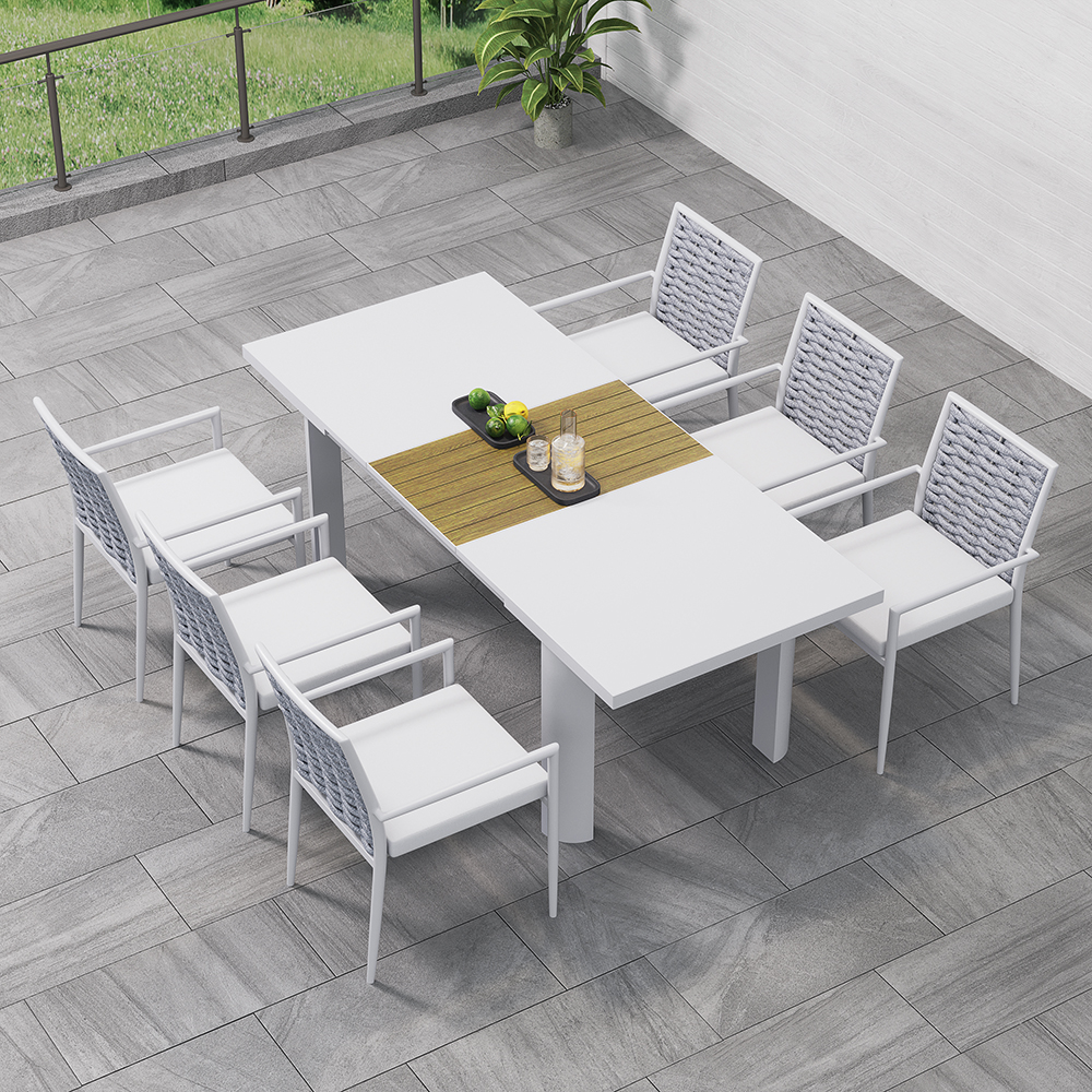 7 Pieces Outdoor Patio Dining Set Extendable Aluminum Wood Table Woven Rope Chairs in US
