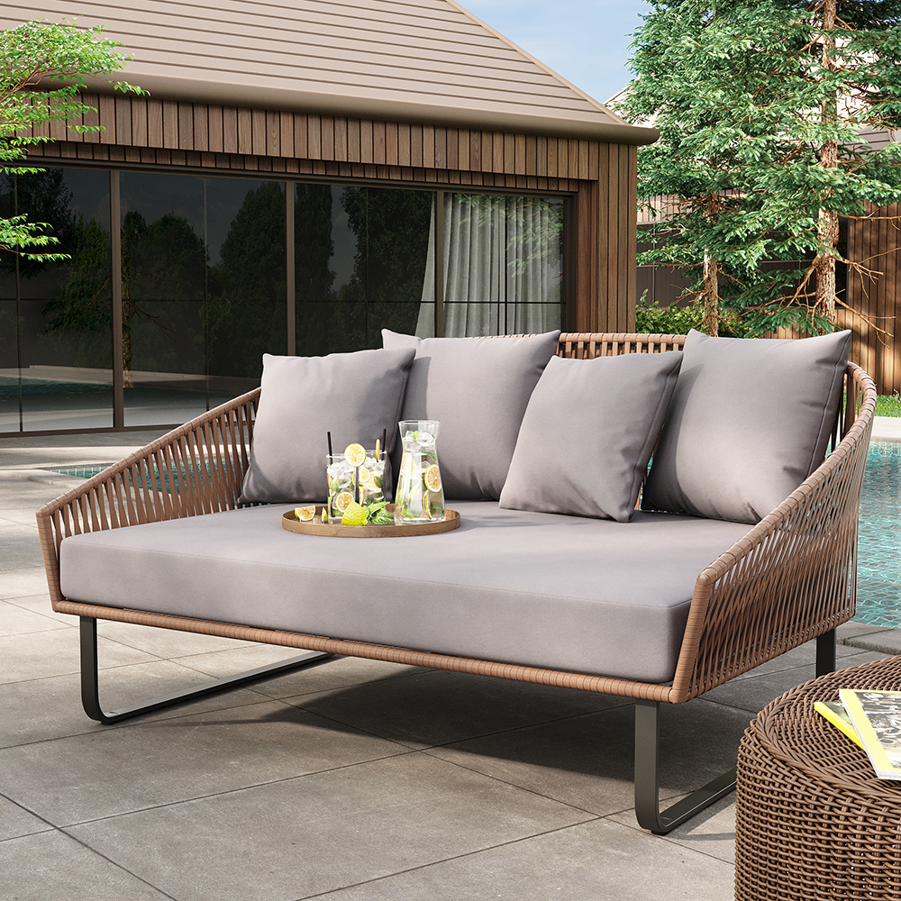 Rattan Outdoor Daybed with Gray Cushion Pillow & Aluminum Frame (63" Width)