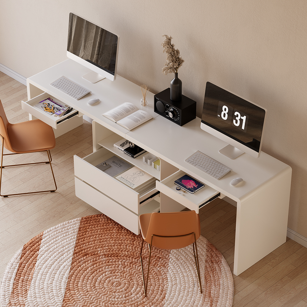 2-Person Double Computer Desk Modern White Retangular Office Desk with 4 Drawers & 1 Cabinet (94.5" )