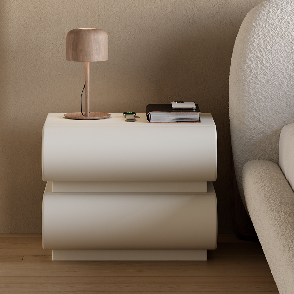 White Leather Smart Nightstand with Wireless Charger Bedside Table with USB & Type-C Ports King Size Boucle Upholstered Floating Bed Frame with Light