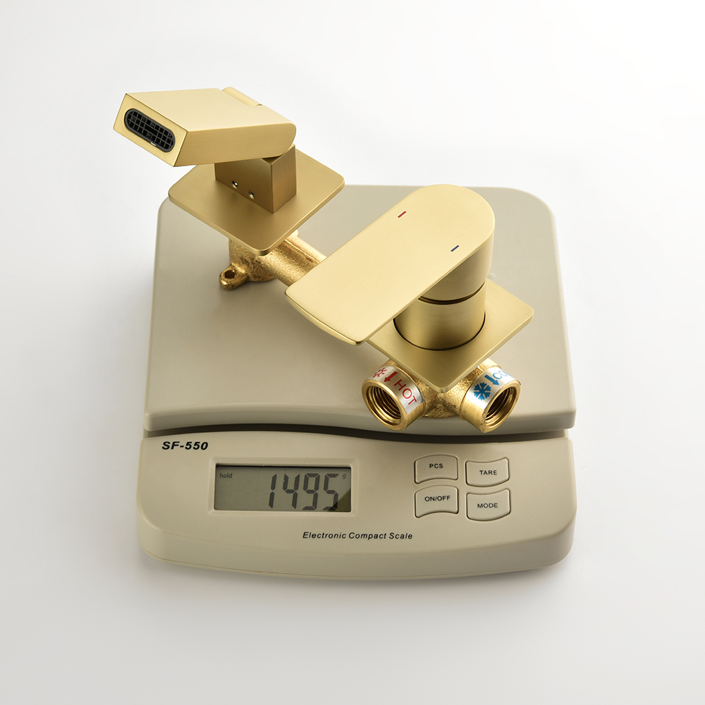 Brushed Gold Waterfall Bathroom Sink Faucet with Swirling Spout Wall-Mounted Solid Brass