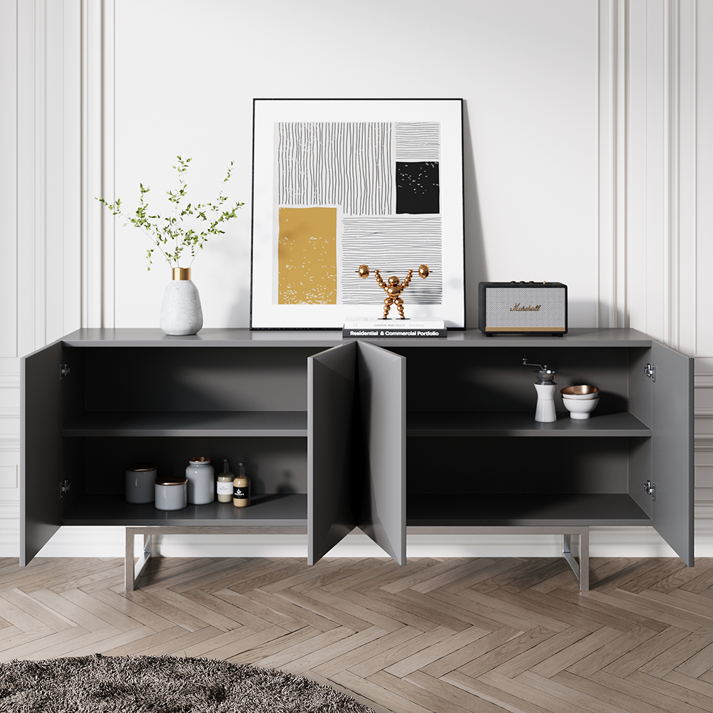 Modern 71" Gray Sideboard Buffet Storage Kitchen Cabinet with 4 Doors Adjustable Shelves