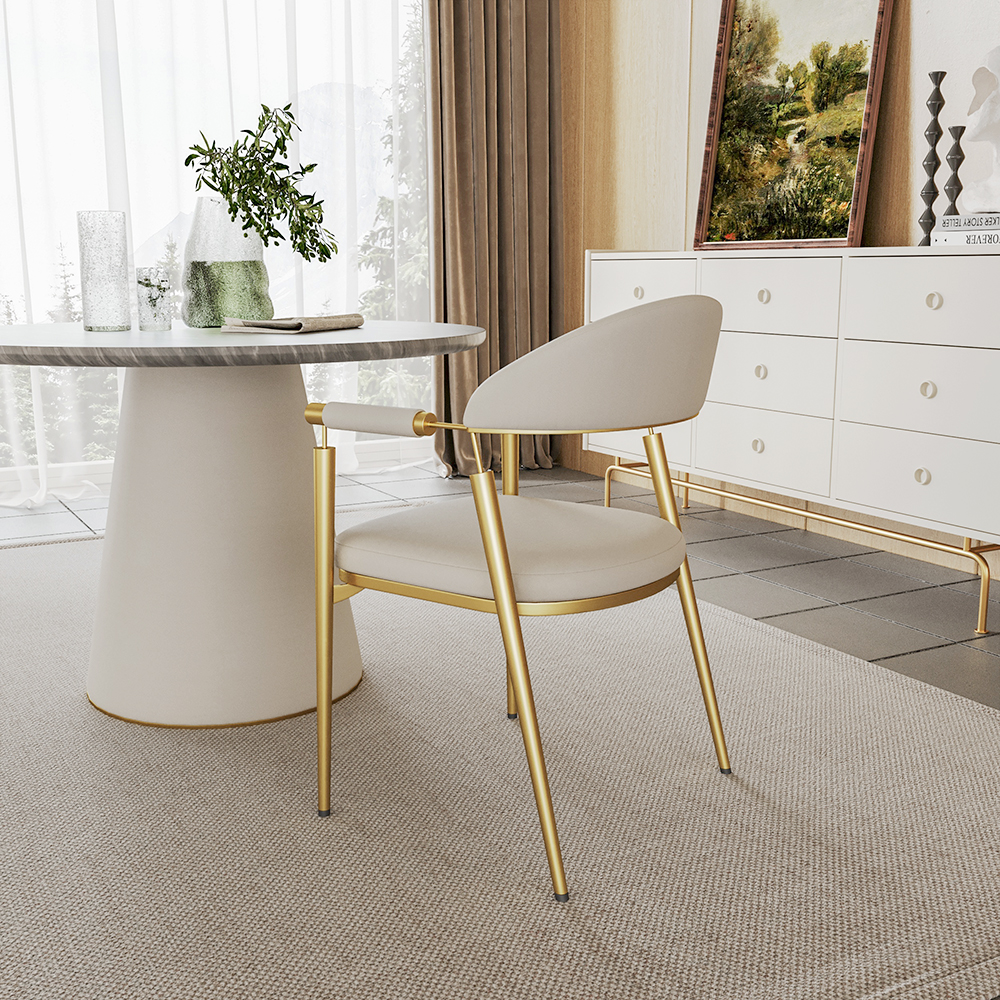 Curvice White PU Leather Dining Chair with Arm 6-Pieces Curved Back Stainless Steel